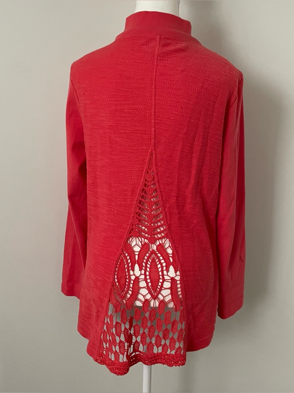 XCVI Cotton Full Zip Sweater Lace Detail Coral Size Medium Lagenlook Bohemian